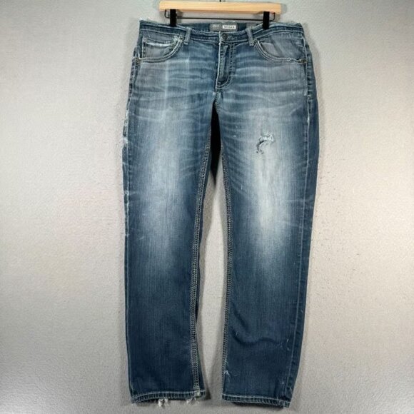 BKE Nolan Jeans Mens 36R Straight Leg Blue Medium Wash Denim Comfort Distressed - Picture 1 of 4